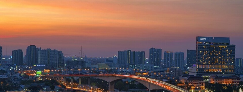 Krung Thep Bridge in Bangkok, Thailand at sunset.